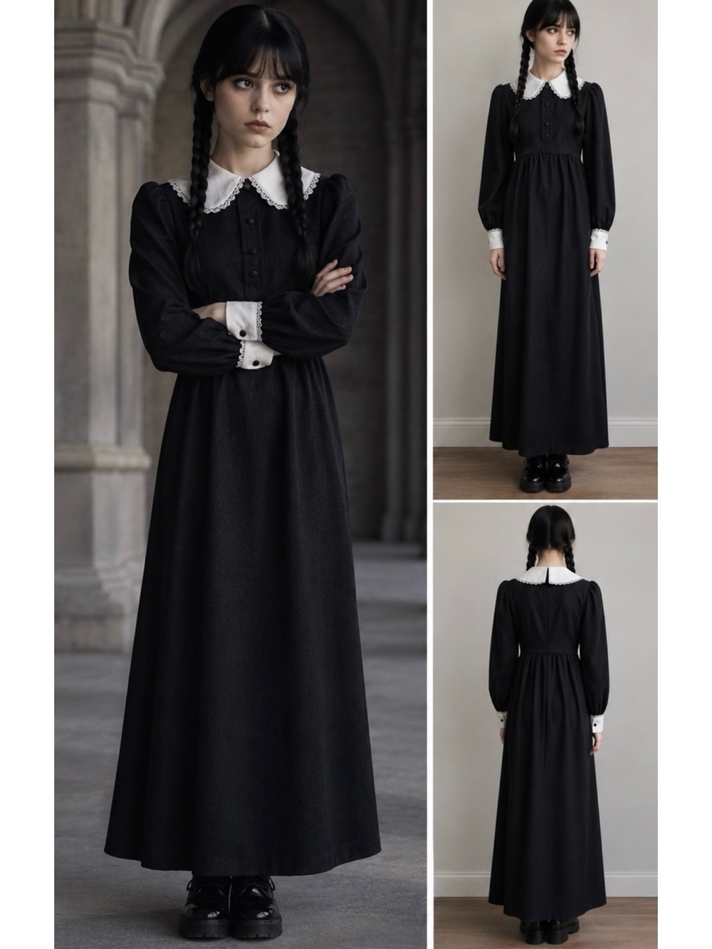 Vintage-inspired gothic black maxi dress | handmade costume | Peter Pan collar